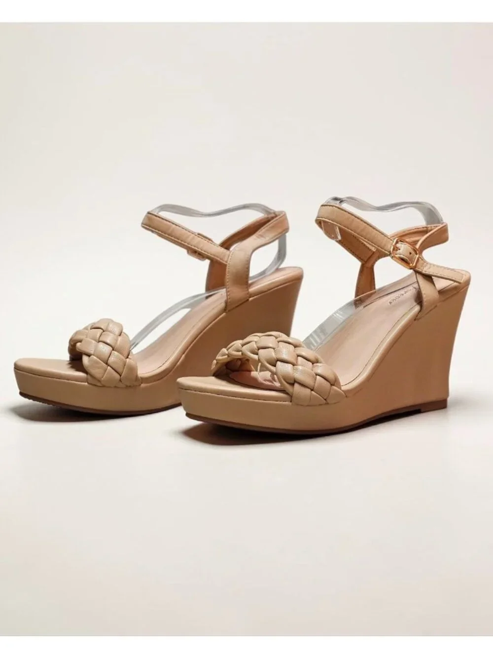 Braided Taupe Wedge Sandals With Adjustable Ankle Strap For Women